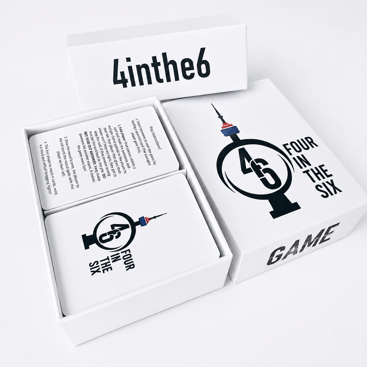 Actual open 4inthe6 game box with cards and instructions