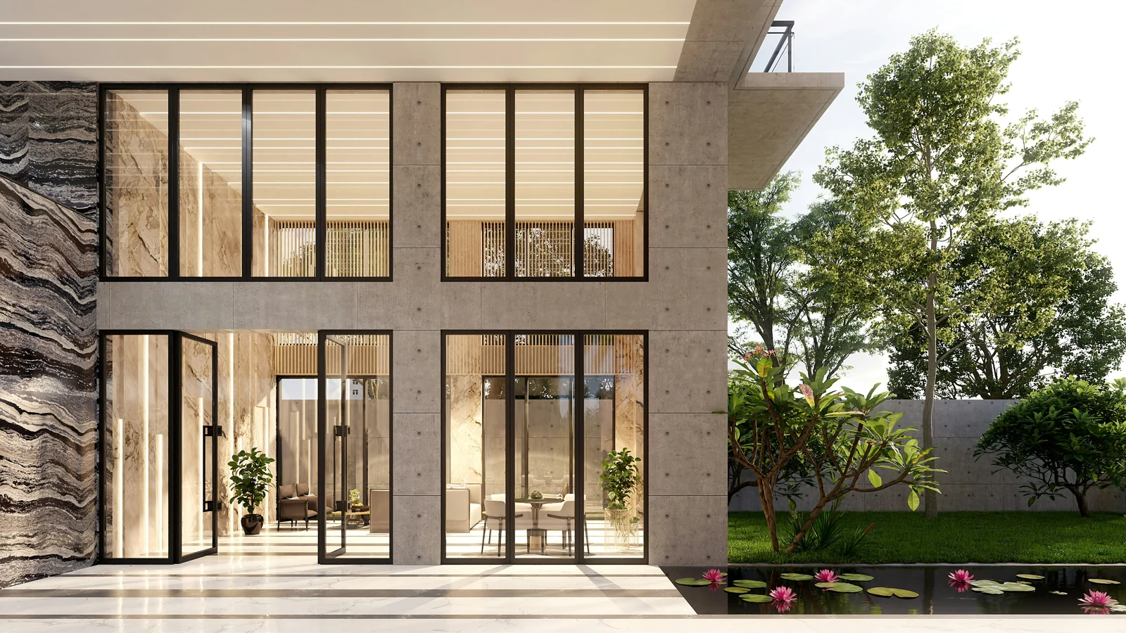 Contemporary stone and glass detached residence